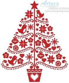 a cross stitch christmas tree with birds and hearts on it's side, in red