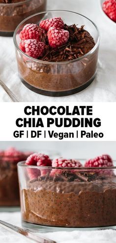 chocolate chia pudding with raspberries in a glass bowl