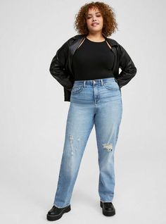 FIT High rise. . Elastic waistband for all-day comfort and no gap. True straight fit from thigh to ankle. Inseams: Short: 28”, Reg: 30”, Tall: 32”. MATERIALS + CARE Classic Denim: An old-school rigid feel with a hint of stretch. Stretch level: Low. 99% Cotton 1% Spandex. Machine wash cold, inside out. Tumble dry low. Imported. DETAILS 5-pocket design. . WHY WE LOVE IT This is the real-deal, straight-leg jeans of your dreams truly designed to fit curves. The best plus size women's short, petite h Fit Curves, New Street Style, Womens Denim, Swimming Outfit, Classic Jeans, Sweaters Online, Women Denim Jeans, Bra And Panty Sets, Curves Workout