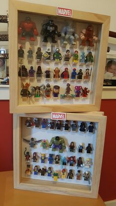 two wooden shelves with legos in them