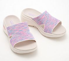 You'll find yourself walking in sweet bliss when you're wearing these comfortable slide sandals. With a breathable knit upper and supportive footbed, they're designed to keep your feet cushioned with every step. From Skechers.  Original item is A602294. This product may be a customer return, vendor sample, or on-air display and is not in its originally manufactured condition. It may not be new. In some instances, these items are repackaged by QVC. Casual Lightweight Sandals With Gel Cushioning, Lightweight Casual Sandals With Gel Cushioning, Casual Breathable Pink Sandals, Comfortable Slides With Gel Cushioning For Vacation, Comfortable Breathable Slides For Spring, Spring Breathable Slip-on Slides, Comfortable Summer Sandals With Gel Cushioning, Casual Pink Slides With Textured Footbed, Comfortable Slides With Gel Cushioning