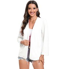 Elevate your office ensemble with the WhizMax Women's Open Front 3/4 Roll Sleeve Jacket. This chic blazer is designed to deliver both style and functionality, making it an essential piece for any professional setting.

- Material: 95% Polyester, 5% Spandex
- Color: Available in White, Rose, and Black
- Gender: Female
- Features: No lapel design, 3/4 roll sleeves, front pockets

Crafted with a blend of polyester and spandex, this jacket offers a comfortable, stretchy fit that allows for ease of m Spring Blazer With 3/4 Sleeves And Pockets, Spring 3/4 Sleeve Blazer With Pockets, Casual White 3/4 Sleeve Outerwear, Casual White Outerwear With 3/4 Sleeves, White 3/4 Sleeve Outerwear For Winter, White Fitted Outerwear With 3/4 Sleeves, White Faux Fur Jacket, Female Features, Business Casual Blazer