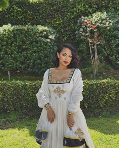 Gorgeous Tilf Habesha Kemis with Shimena Dress and Regal Menen Fabric, – TheEthiopianStore Zuria Habesha Dress, Eritrean Clothing, Eritrean Dress, Caramel Skin, Ethiopian Dress, Habesha Kemis, Flowing Sleeves, Grad Dresses, Intricate Details