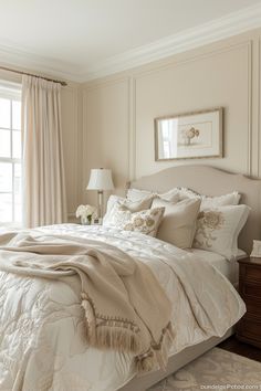 a large bed sitting in a bedroom next to a window with drapes on the windowsill