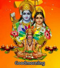 the hindu god and goddess are sitting in front of each other on a bright orange background