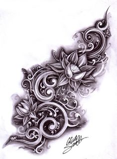 an artistic tattoo design with flowers and swirls