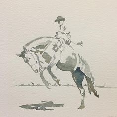 a watercolor painting of a man riding a horse