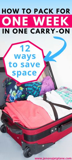 an open suitcase with clothes in it and the words how to pack for one week in one carry - on