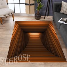 a living room filled with furniture and a large wooden floor mat on top of a hard wood floor