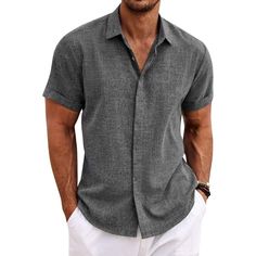 Men Button Down Shirt Is Made Of High Quality Cotton Linen Fabric. Feature With Breathable, Lightweight, Skin-Friendly, Which Can Resistant Shrink, Provide You Feeling Cool And Comfortable All Day. Mens Linen Shirts Comes With Button-Down Closure, Short Sleeve, Adjustable Cuff, Slim Fit, Solid Color. Casual Beach Style Design To Make You Feel Better About This Summer. Men Beach Shirts Short Sleeve Is Great To Match With Beach Shorts, Solid T-Shirts, Slacks, Formal Pants, Linen Pants, Jeans And C Gray Buttoned Shirt For Summer, Gray Summer Shirt With Buttons, Summer Gray Shirt With Button Closure, Gray Summer Shirt, Gray Button-up Shirt For Business Casual, Gray Short Sleeve Shirt With Button Closure, Gray Relaxed Fit Shirt With Buttons, Gray Tops With Button Closure For Business Casual, Mens Short Sleeve Button Up Outfit