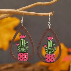 New Wooden Teardrop Western Cactus Earrings Casual Pink Jewelry With Ear Wire, Handmade Casual Pink Earrings, Adjustable Pink Teardrop Earrings With Ear Wire, Trendy Pink Dangle Teardrop Earrings, Pink Teardrop Jewelry For Summer, Summer Teardrop Pink Jewelry, Summer Pink Teardrop Jewelry, Casual Pink Earrings, Pink Teardrop Earrings Gift