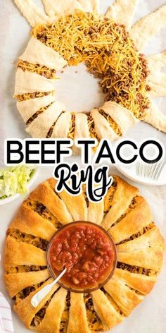 the cover of beef taco ring is shown with other food items and utensils