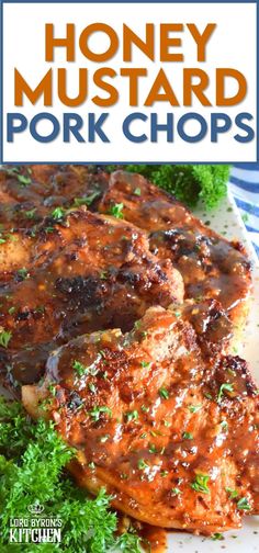 honey mustard pork chops on a plate with parsley