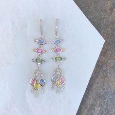 Elegant Multicolor Diamond Earrings, Fine Jewelry Gemstone Chandelier Dangle Earrings, Elegant Multicolor Gemstone Chandelier Earrings, Colored Sapphires, Diamond Chandelier, Pink Sapphire Earrings, Saint Jewelry, Earrings Chandelier, Pearl Accessories