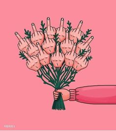 a hand holding a bouquet of flowers with fingers pointing at it on a pink background