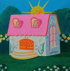 a painting of a house with flowers in the background and sun on it's roof