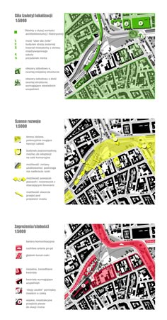 three different views of the city from above, with green and red areas on each side