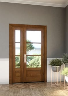 two potted plants sit on either side of the double doors in an empty room