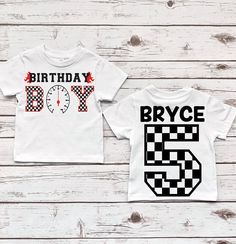 two matching birthday shirts with the number five printed on them, both in black and white