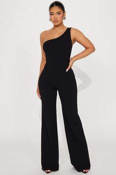 Available In Black. One Shoulder Jumpsuit Sleeveless Flare Leg Stretch Inseam= 34" Self: 95% Polyester 5% Spandex Lining: 100% Polyester Imported | Stay Away Jumpsuit in Black size XS by Fashion Nova Jumpsuit Black Women, Graduation Jumpsuit, Black One Shoulder Jumpsuit, Curls Hairstyles, One Shoulder Jumpsuit, Jumpsuit Dressy, Natural Curls Hairstyles, Jumpsuit Black, Leg Stretching