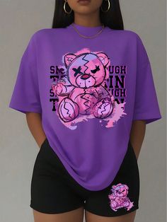 Women's Regular T-Shirt Sets Casual, Comfortable, Round Neck, Short Sleeve, Fashionable Street Wear Graphic Print Outfits Multicolor Casual  Short Sleeve Knitted Fabric Animal,Cartoon,Letter,Slogan  Medium Stretch  Women Clothing, size features are:Bust: ,Length: ,Sleeve Length: T - Shirt, Cute T-shirts, Cute Oversized Shirts, Bold Clothes, Awesome Shirt Designs, Cute Edgy Outfits, Cute Outfits With Shorts, Winter Mode Outfits, Shein Clothing Outfit