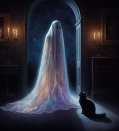 a black cat sitting in front of an open door with a ghost on it's face