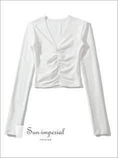 Sun-imperial - women long sleeve solid casual v neck ruched cropped tee – Sun-Imperial Trendy Ruched V-neck Top, Casual Long Sleeve Ruched Tops, White Ruched Stretch Top, White Stretch Ruched Top, Casual Ruched V-neck Top, Casual V-neck Ruched Tops, White Ruched Top For Fall, Collars For Women, Cropped Tee