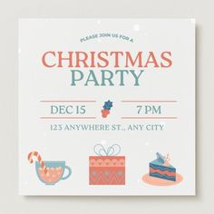 a christmas party flyer with different items on it