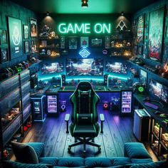 A trendy man cave showcasing deep blue and green walls and a state-of-the-art gaming setup. Includes a neon 'Game On' sign, gaming collectibles, sofa, snack-loaded fridge, and organized game stacks. 
#ManCave #GamingRoom #HomeDecor #VideoGames #InteriorDesign #GamerLife Fantasy Gaming Room, Streamer Room Ideas, Setup Ideas Gaming, Gaming Desk Setup Ideas, Aesthetic Gaming Room, Game Streamer, Neon Game, Aesthetic Gaming