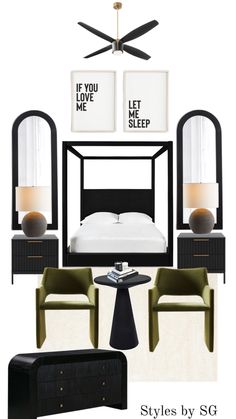 black and white bedroom with green accents