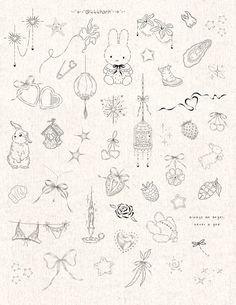 an old fashioned drawing of christmas ornaments and other things in black ink on white paper