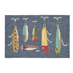 several different types of fishing lures hanging from hooks on a blue cloth with white thread