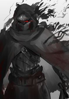 a drawing of a knight with red eyes