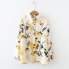 Women's Shirt Waterdrop Floral Pattern Long Sleeve Light Weight Chiffon Shirt White Floral Print Long Sleeve Blouse, Chic White Shirt With Floral Print, Yellow Long Sleeve Printed Top, Trendy Printed Yellow Blouse, Trendy Yellow Printed Blouse, Fall Yellow Shirt With Floral Print, Yellow Printed Collared Blouse, Yellow Printed Tops For Work, Yellow Long Sleeve Shirt For Day Out