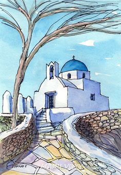 a watercolor painting of a white church with a blue dome on it's roof