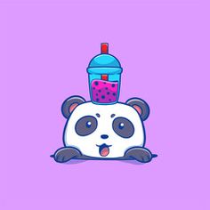 a panda bear with a drink on top of it's head, sitting down