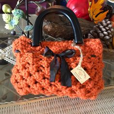 Hand Knit Gorgeous Seasonal Purse , Designed In Vivid Terracota Color , With A Satin Ribon, Wooden Handles, Inside A Wonderful Cotton Lining , One Inner Pocket , And Snap Closure. ( 11”W X 8”H) Handmade Rectangular Shoulder Bag For Fall, Handmade Fall Shoulder Bag, Handmade Rectangular Bag For Fall, Handmade Shoulder Bag For Daily Use In Fall, Medium Fall Bags For Everyday Use, Lady Dior Bag, Wooden Handles, Mini Bag, Snap Closure