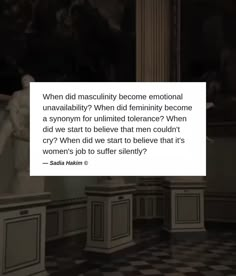 an image of a woman standing in front of a statue with the caption'when did masculiniity become emotionally unallably? when did femininely become become