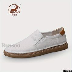 Russoo - Mens Comfortable Non-slip Loafer Shoes for Spring and Summer White Leather Slip-ons With Flat Bottom, Casual White Loafers With Rubber Sole, White Slip-on Casual Boat Shoes, White Slip-on Loafers With Flat Bottom, White Slip-ons With Rubber Sole, Casual White Slip-on Boat Shoes, Casual White Plain Toe Moccasins, Casual Business Slip-ons For Spring, White Low-top Loafers With Stitched Sole