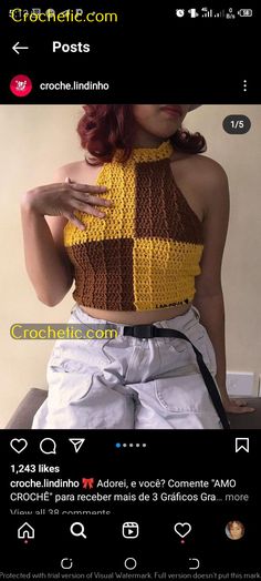 a woman wearing a yellow and brown crocheted top with her hands on her hips