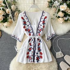 White Wrap Dress, Bohemian Blouses, Heavy Embroidery, Embroidery Top, Holiday Shirt, Girls Fashion Clothes, Holiday Shirts, Bohemian Dress, White Fabric