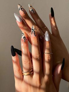 Brown Patterned Nails, Square Nail Designs Colorful, Cool Nail Inspo 2024 Square, Long Summer Nails 2024, Trendy Summer Nail Designs 2024, Dark Summer Nails, Black And White Nail, Black And White Nail Designs, Nails May