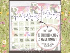 a pink and green floral printable wedding checklist with the words, includes 10 pre - filled cards & blank template