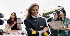 a collage of women in airline uniforms holding maps and looking at the camera with an airplane behind them