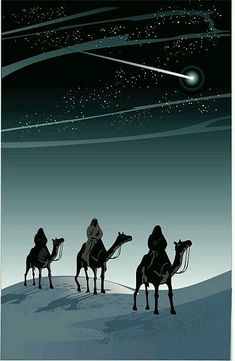 three people riding on camels in the desert under a night sky with stars above