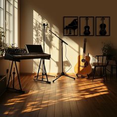 a room with a keyboard, guitar and other musical instruments on the floor in front of a window