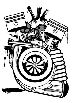 a black and white drawing of an engine