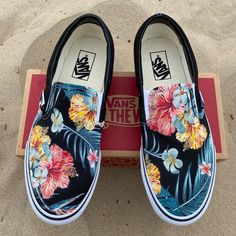 Whether you're from the islands or dreaming of a tropical getaway, these slip-ons are perfect for any occasion! Who needs a Corona, find your beach with these shoes!!These shoes make you feel the Hawaiian Vibes. Tropical Floral Pattern printed all over the Navy Slip on Vans. Custom Made-to-Order shoes. Perfect for a Tropical Vacation or wearing during your wedding. Going to Hawaii for a wedding? These are the wedding shoes you need. We buy each pair of shoes BRAND NEW. Each pair is made to order Custom Slip On Vans, Black Slip On Vans, Van Shoes, Navy Vans, Shoe Painting, Custom Vans Shoes, Vans Slip On Shoes, Tropical Floral Pattern, Slip On Vans