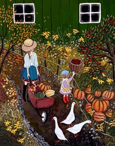 a painting of a woman and two geese in a garden with pumpkins, gourds, and squash