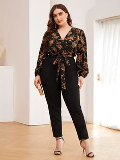 Black Boho Collar Long Sleeve Fabric Floral Other Embellished Non-Stretch Spring/Fall Plus Size Jumpsuits & Bodysuits Elegant Plus Size Outfits, Office Outfits Women Plus Size, Curvy Work Outfit, Work Outfits Frauen, Blouse Details, Professional Outfits Women, Office Outfits Women, Business Casual Outfits For Work, Black Boho